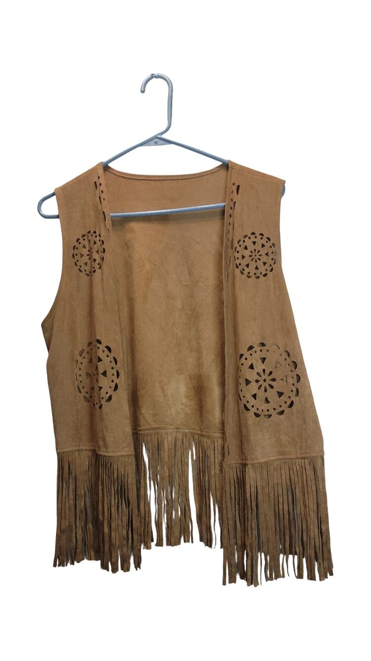 Brown Faux Suede Fringe Vest Laser Cut Medallion Boho Western L